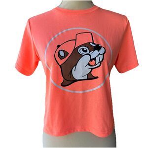 Buc-ee's Ladies Crop Top Short Sleeve T-Shirt Neon Orange Logo Womens Size Small